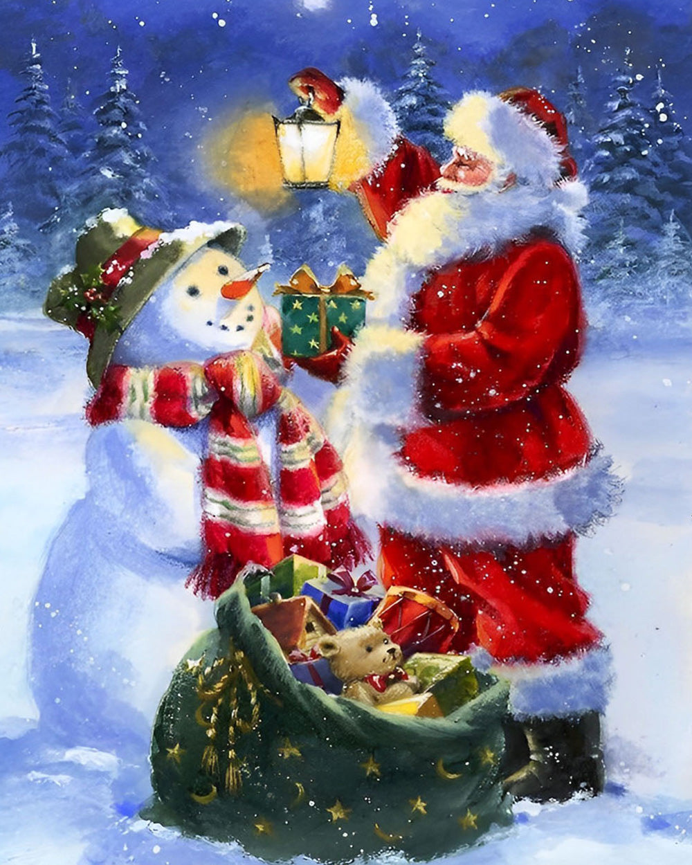 Weihnachtsmann, Schneemann und Weihnachtsgeschenke Diamond Painting