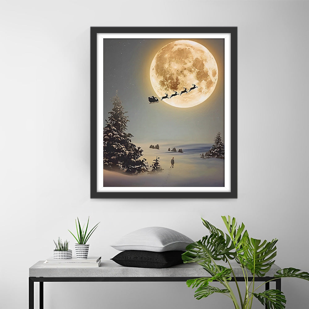Weihnachtsmann und Elch auf dem Weg zum Mond Diamond Painting