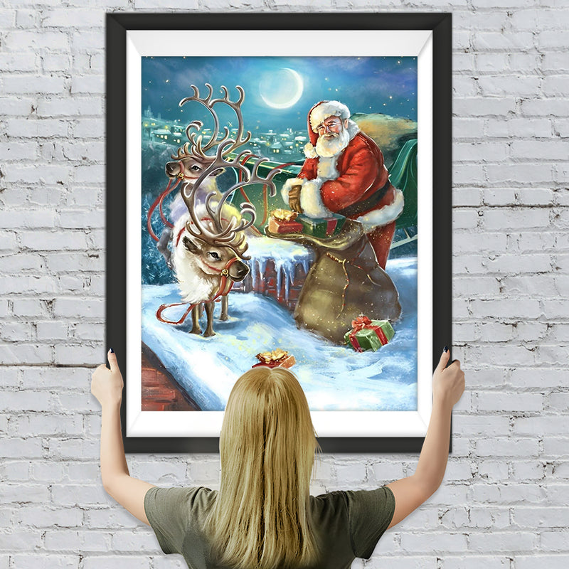 Weihnachtsmann und Elch außerhalb des Schornsteins Diamond Painting