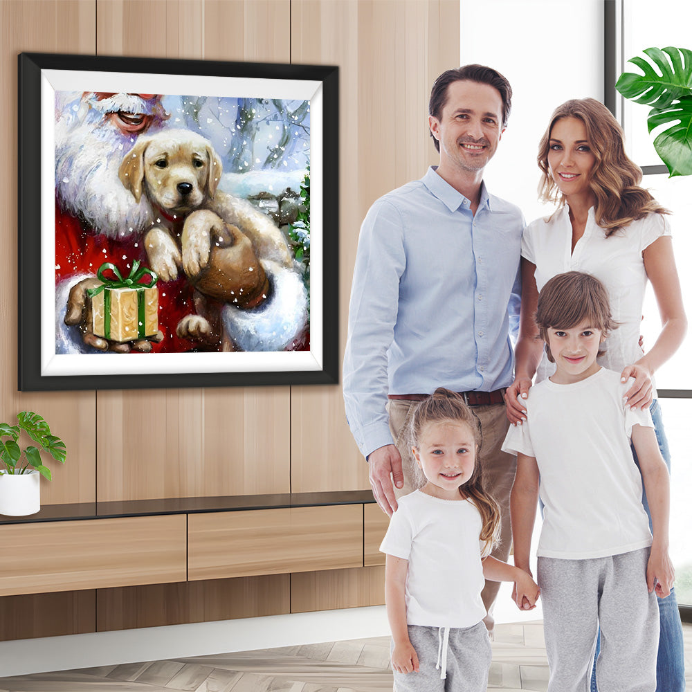 Weihnachtsmann und Hund mit Geschenk Diamond Painting