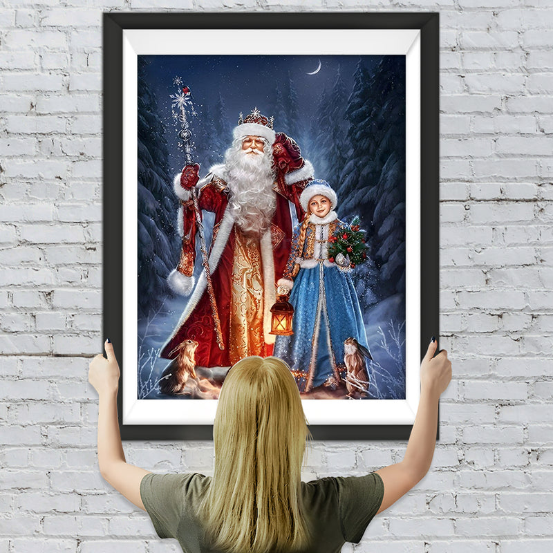 Weihnachtsmann und Mädchen im Wald Diamond Painting