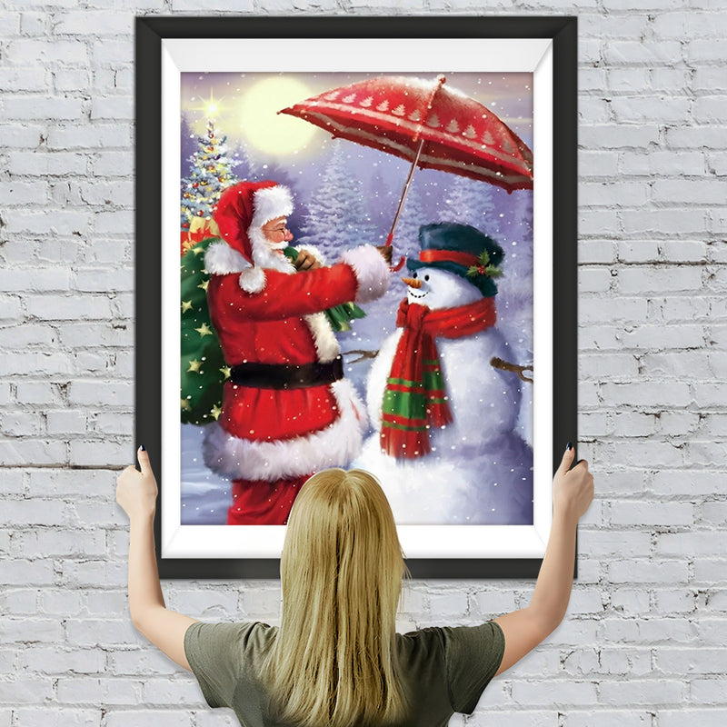 Weihnachtsmann und Schneemann mit einem Regenschirm Diamond Painting