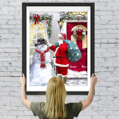 Weihnachtsmann und Schneemann vor der Haustür Diamond Painting