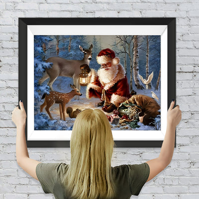 Weihnachtsmann und Tiere im Wald Diamond Painting