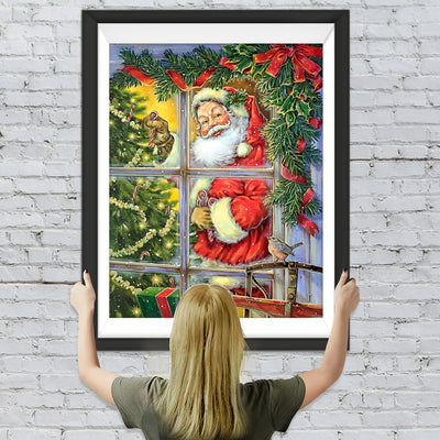 Weihnachtsmann und Weihnachtsbaum am Fenster Diamond Painting