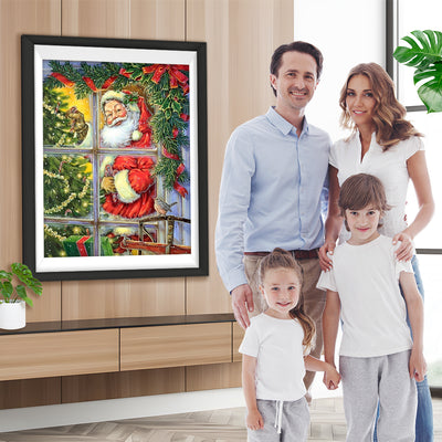 Weihnachtsmann und Weihnachtsbaum am Fenster Diamond Painting