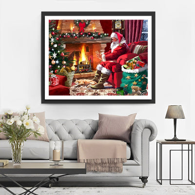 Weihnachtsmann und Weihnachtsbaum am Kamin Diamond Painting