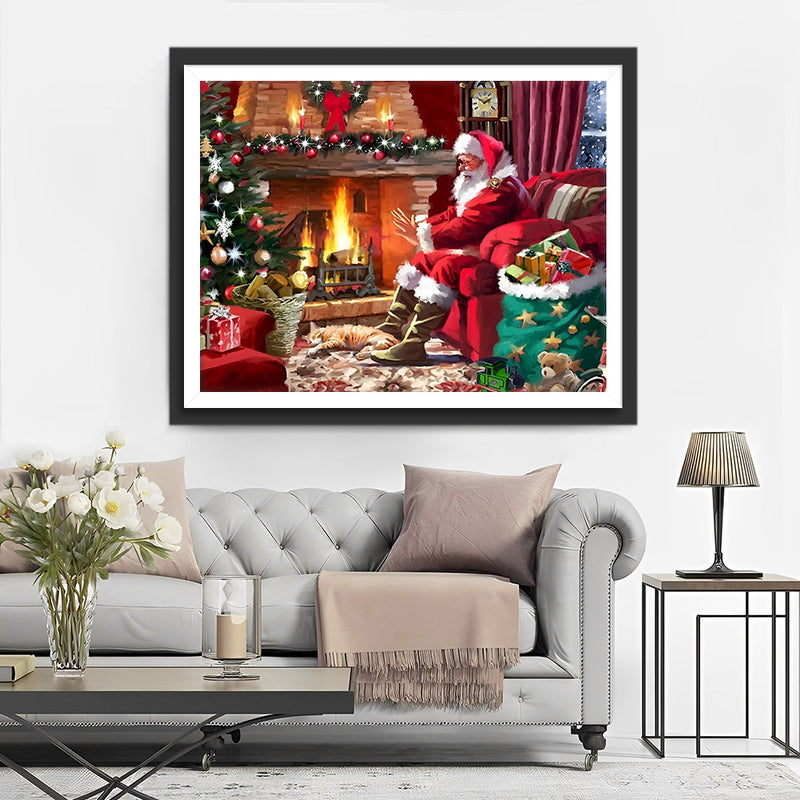 Weihnachtsmann und Weihnachtsbaum am Kamin Diamond Painting