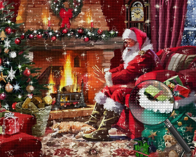 Weihnachtsmann und Weihnachtsbaum am Kamin Diamond Painting