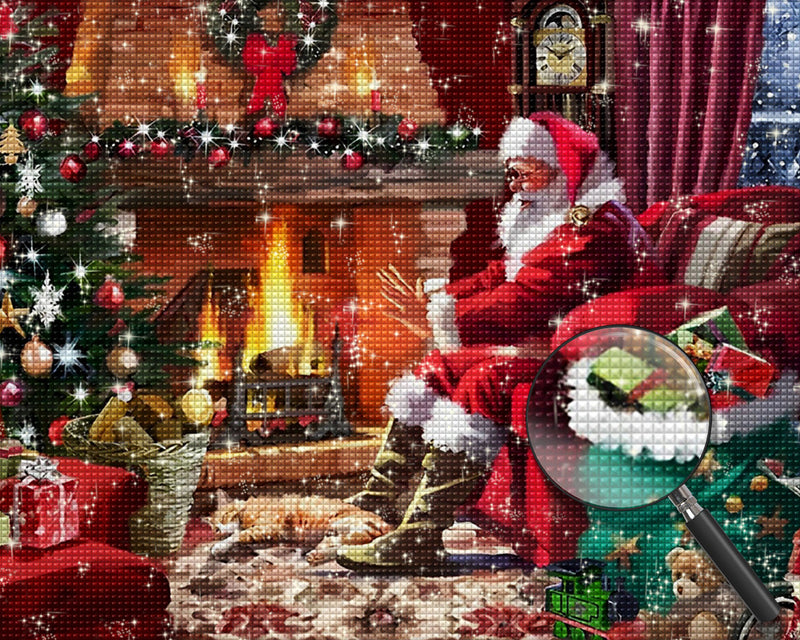 Weihnachtsmann und Weihnachtsbaum am Kamin Diamond Painting