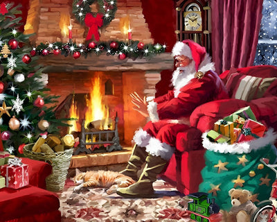 Weihnachtsmann und Weihnachtsbaum am Kamin Diamond Painting