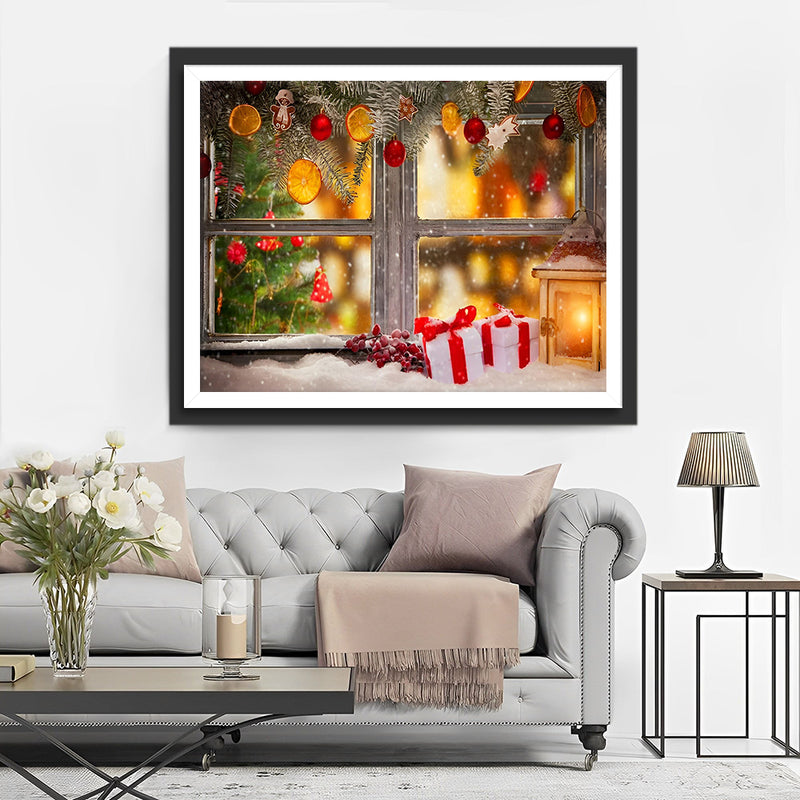 Weihnachtsschmuck und Schnee auf der Fensterbank Diamond Painting