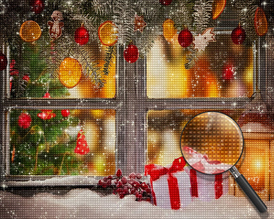 Weihnachtsschmuck und Schnee auf der Fensterbank Diamond Painting