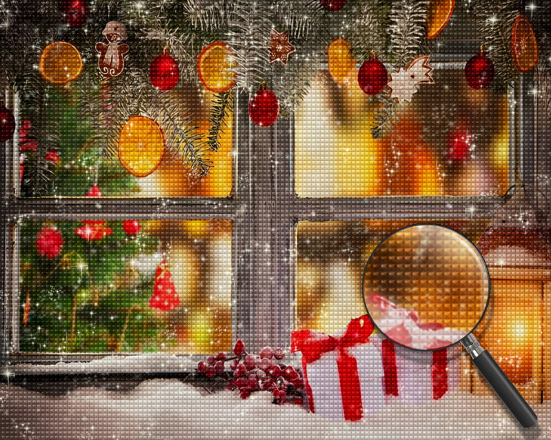 Weihnachtsschmuck und Schnee auf der Fensterbank Diamond Painting