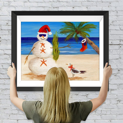 Weihnachtsschneemann mit Sonnenbrille am Strand Diamond Painting