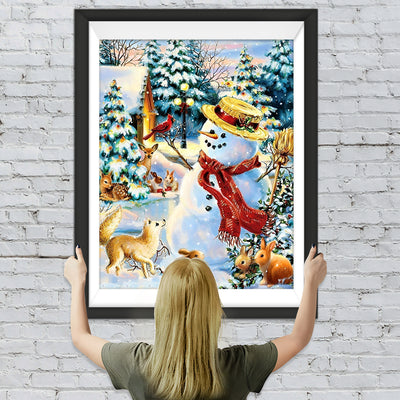 Weihnachtsschneemann und Tiere im Wald Diamond Painting