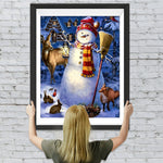 Weihnachtsschneemann und Tiere vor der Hütte Diamond Painting