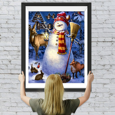 Weihnachtsschneemann und Tiere vor der Hütte Diamond Painting