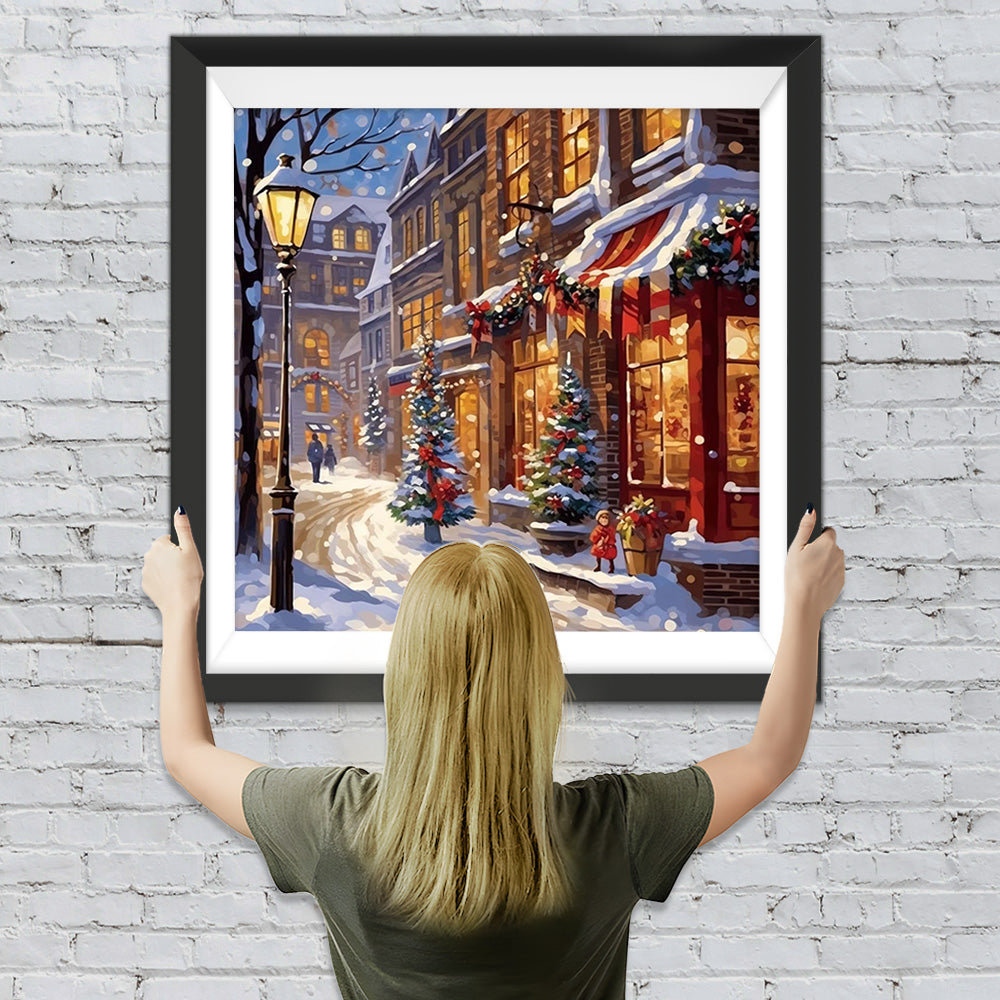 Weihnachtsstadt Straßen im Schnee Diamond Painting