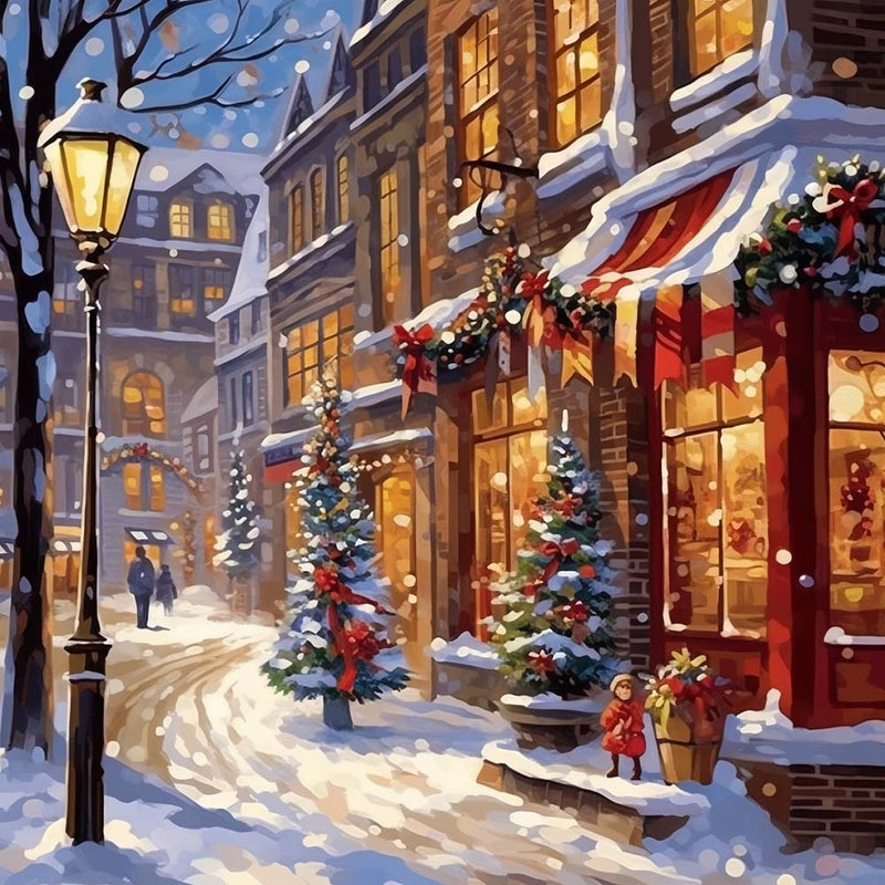 Weihnachtsstadt Straßen im Schnee Diamond Painting