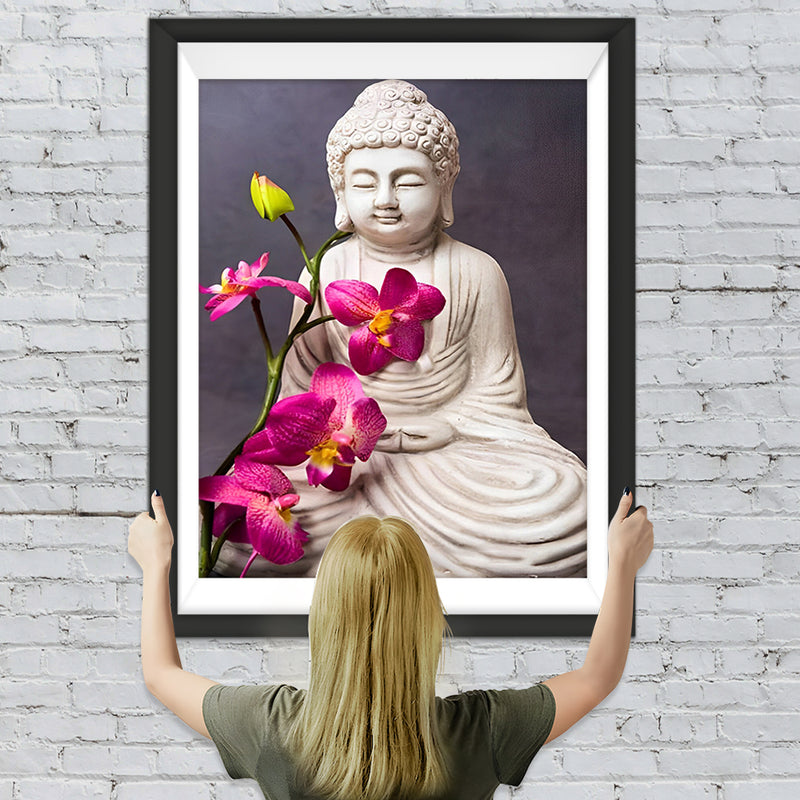 Weiße Buddhafigur und rote Blumen Diamond Painting