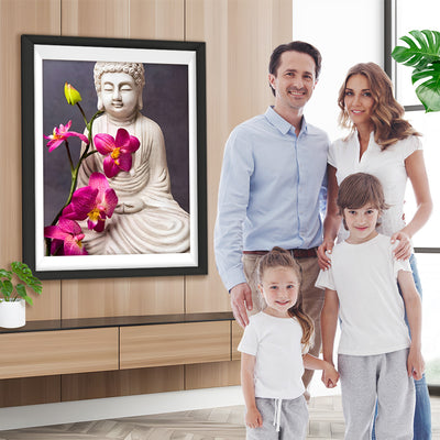 Weiße Buddhafigur und rote Blumen Diamond Painting