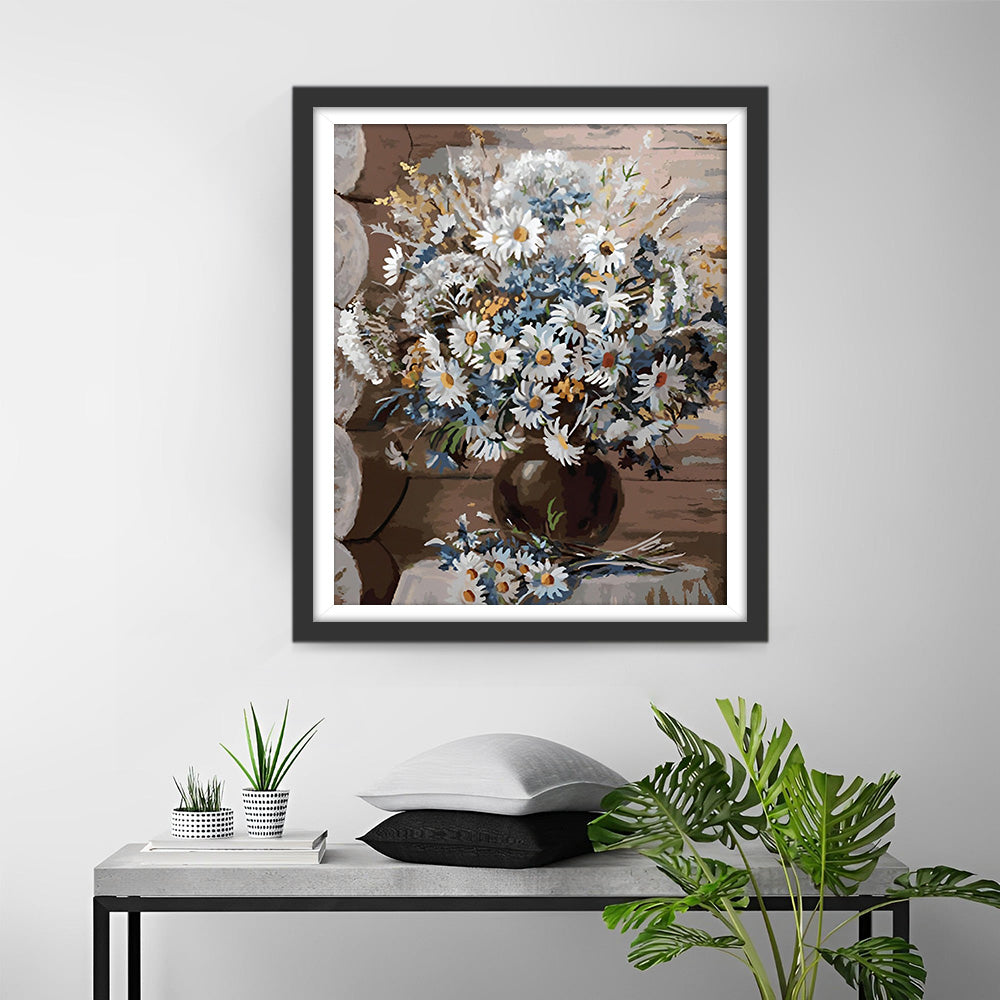 Weiße Chrysantheme in schwarzer Vase Diamond Painting