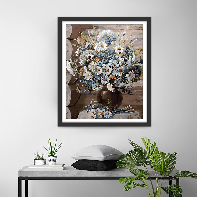 Weiße Chrysantheme in schwarzer Vase Diamond Painting