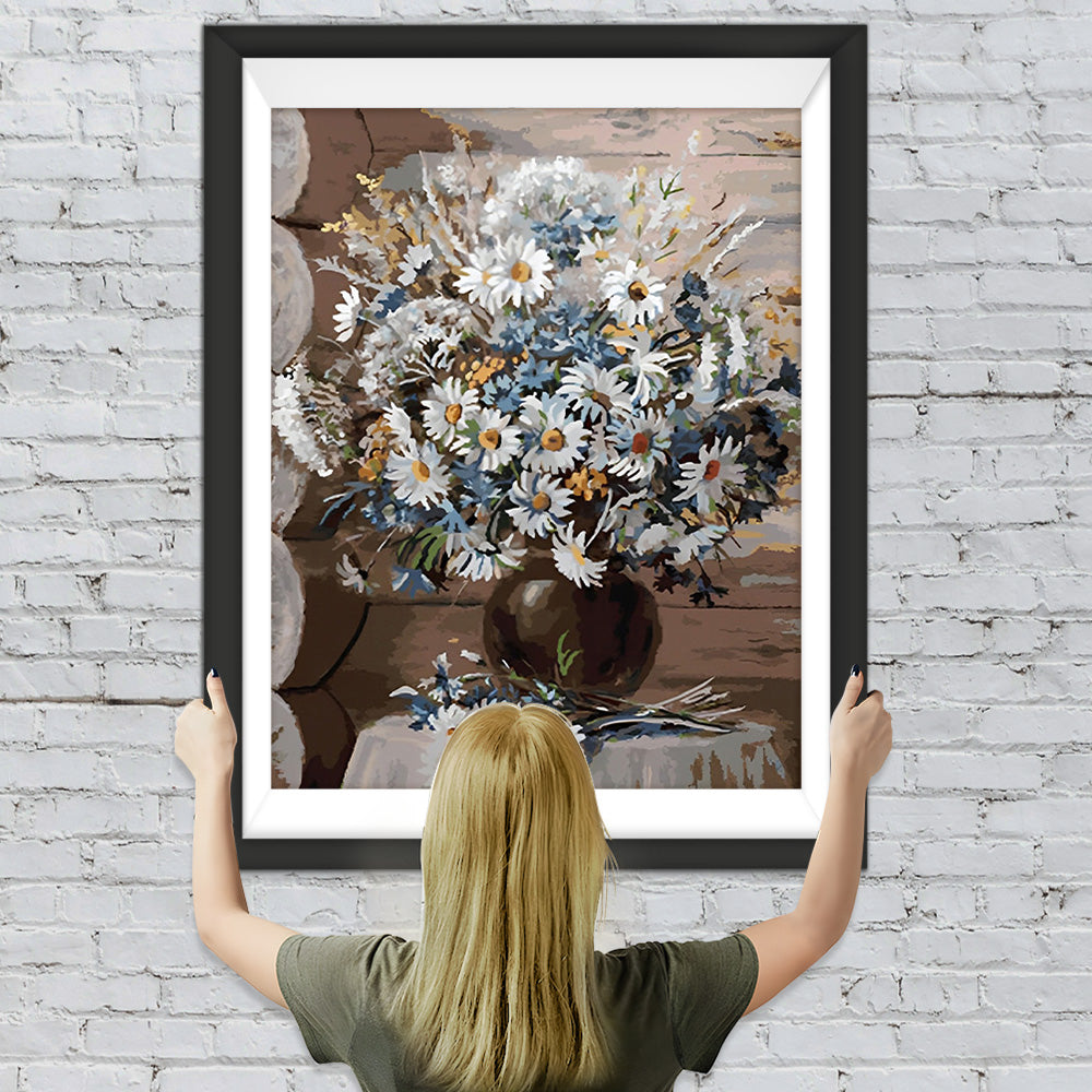 Weiße Chrysantheme in schwarzer Vase Diamond Painting