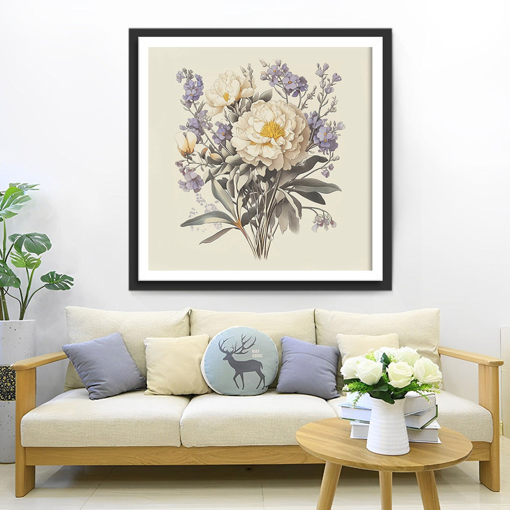 Weiße Chrysanthemen und lila Blumen Diamond Painting
