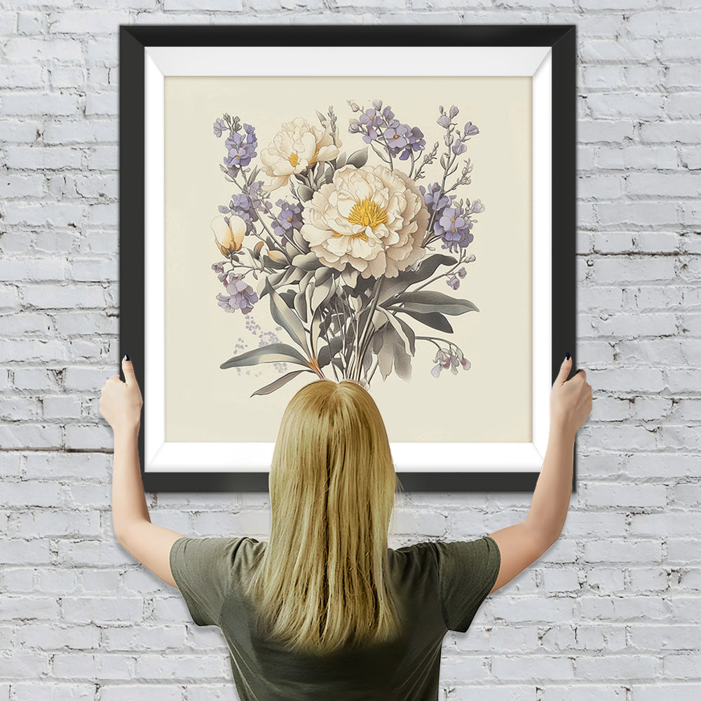 Weiße Chrysanthemen und lila Blumen Diamond Painting