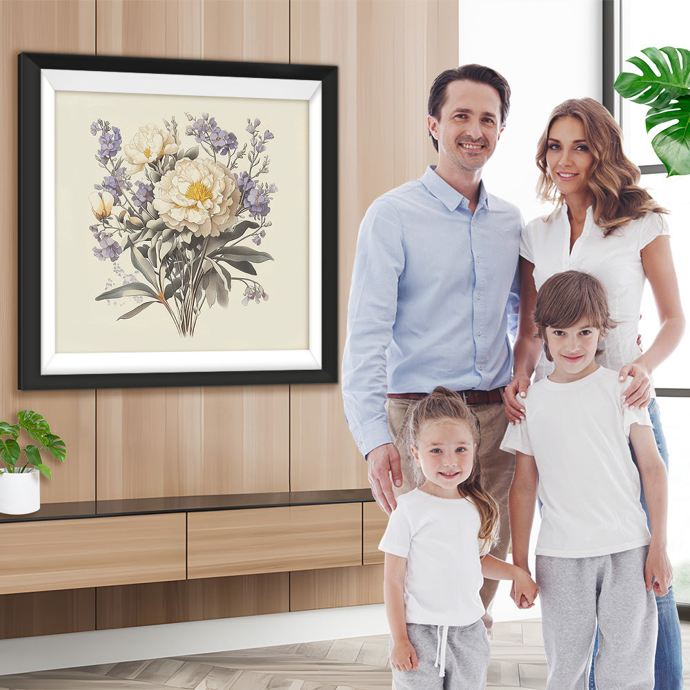 Weiße Chrysanthemen und lila Blumen Diamond Painting