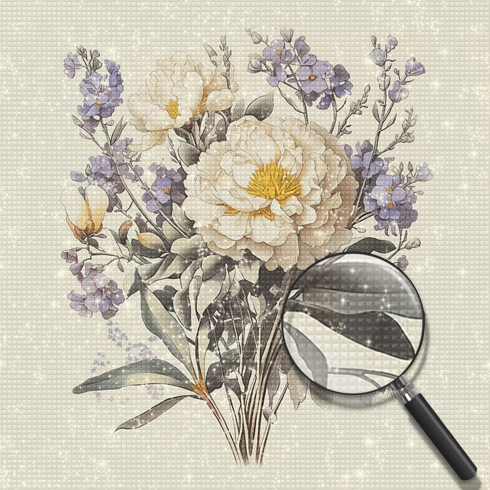 Weiße Chrysanthemen und lila Blumen Diamond Painting