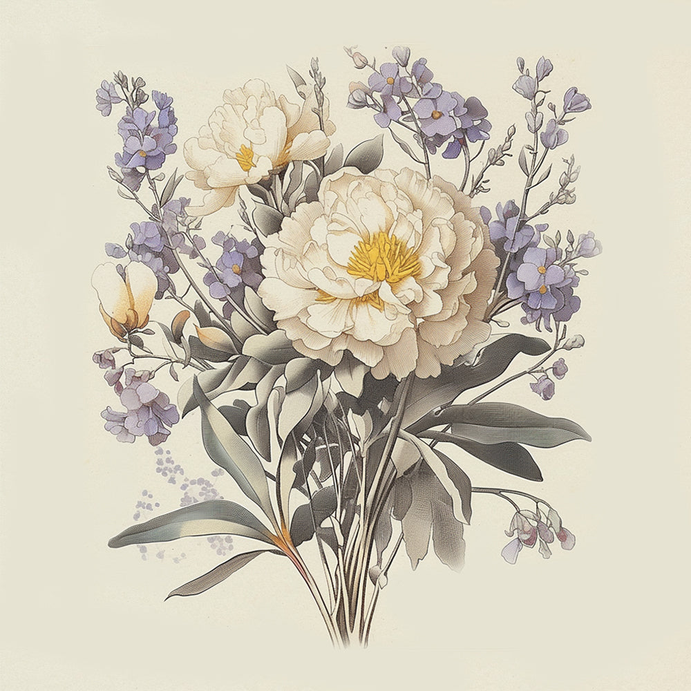 Weiße Chrysanthemen und lila Blumen Diamond Painting