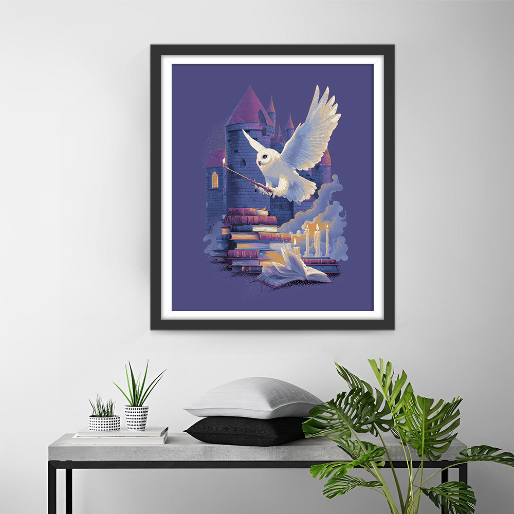 Weiße Eule, Zauberbücher und ein Schloss Diamond Painting