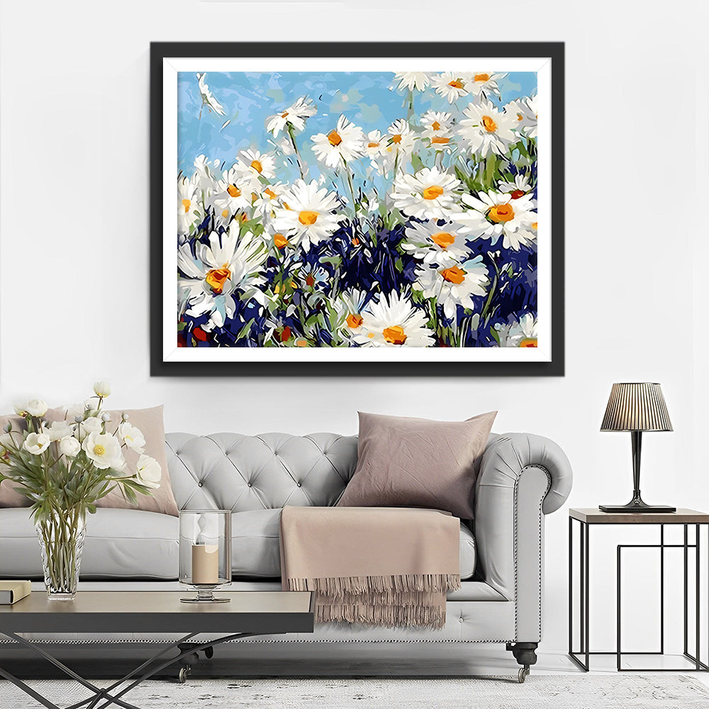 Weiße Gänseblümchen unter blauem Himmel Diamond Painting
