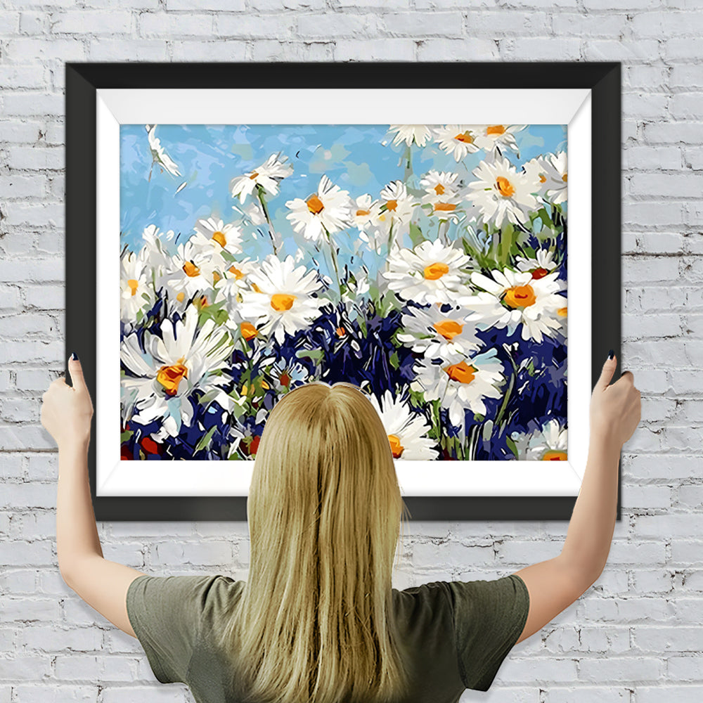 Weiße Gänseblümchen unter blauem Himmel Diamond Painting