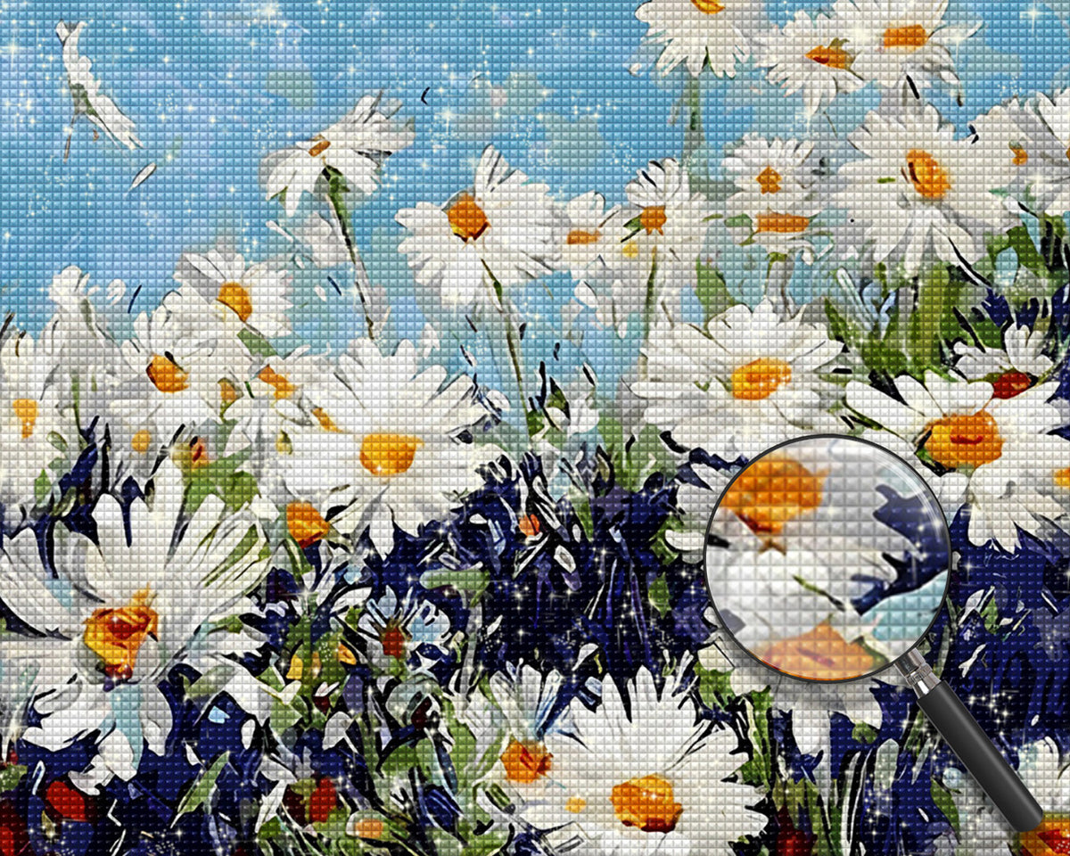 Weiße Gänseblümchen unter blauem Himmel Diamond Painting