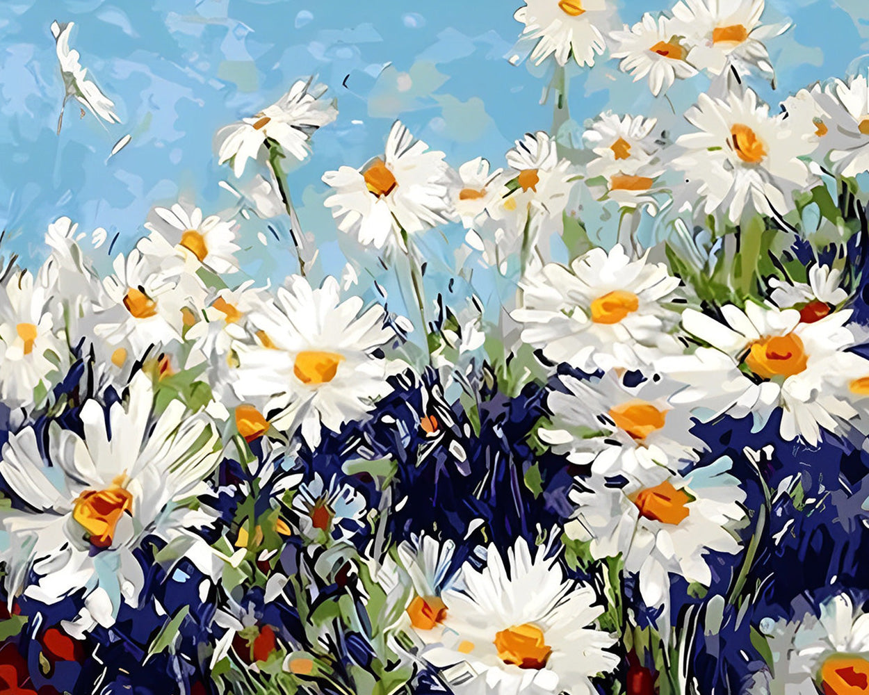 Weiße Gänseblümchen unter blauem Himmel Diamond Painting