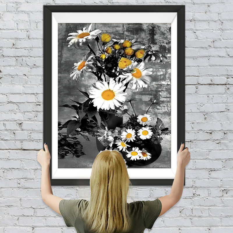 Weiße Gänseblumen und gelbe Blumen Diamond Painting