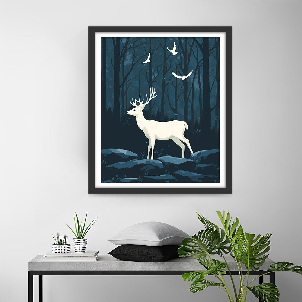 Weiße Hirsche und Vögel im nächtlichen Wald Diamond Painting