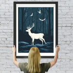 Weiße Hirsche und Vögel im nächtlichen Wald Diamond Painting
