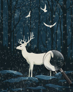 Weiße Hirsche und Vögel im nächtlichen Wald Diamond Painting