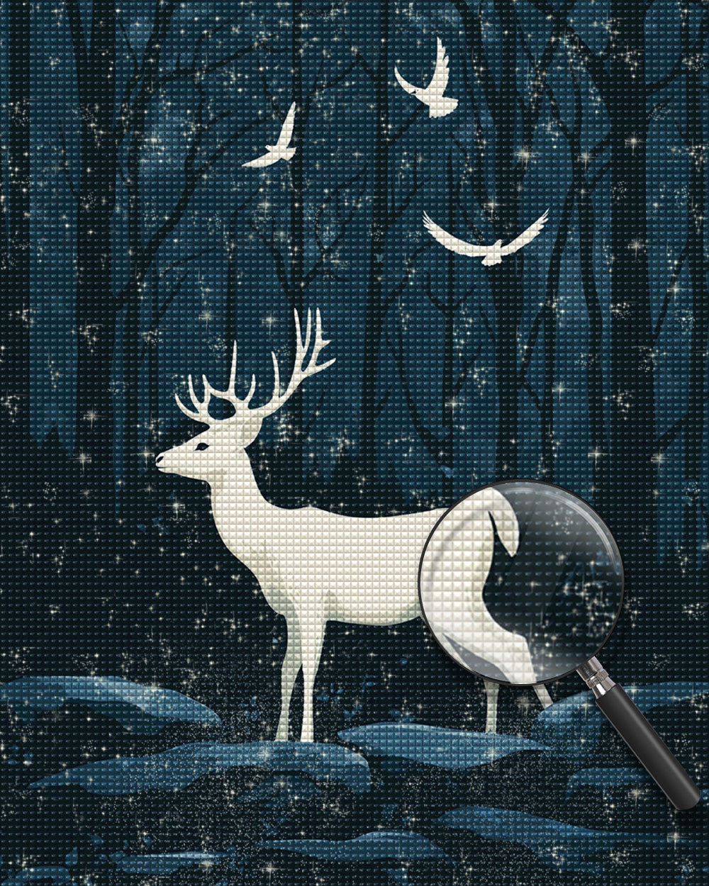 Weiße Hirsche und Vögel im nächtlichen Wald Diamond Painting