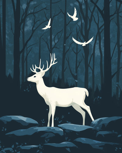 Weiße Hirsche und Vögel im nächtlichen Wald Diamond Painting