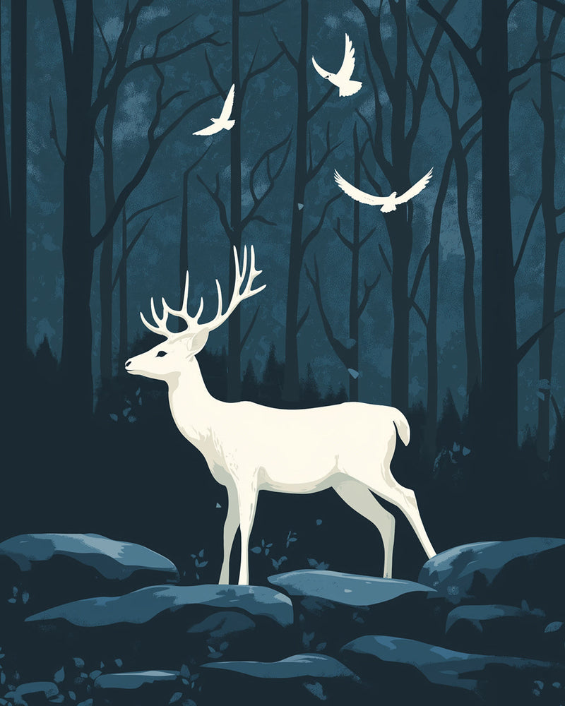 Weiße Hirsche und Vögel im nächtlichen Wald Diamond Painting