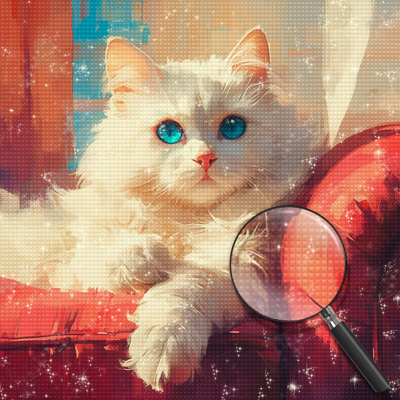 Weiße Katze auf rotem Sofa Diamond Painting