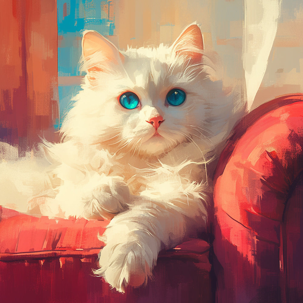 Weiße Katze auf rotem Sofa Diamond Painting