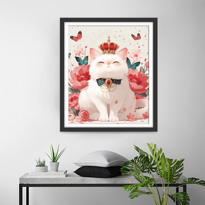 Weiße Katze, Blumen und Schmetterlinge Diamond Painting