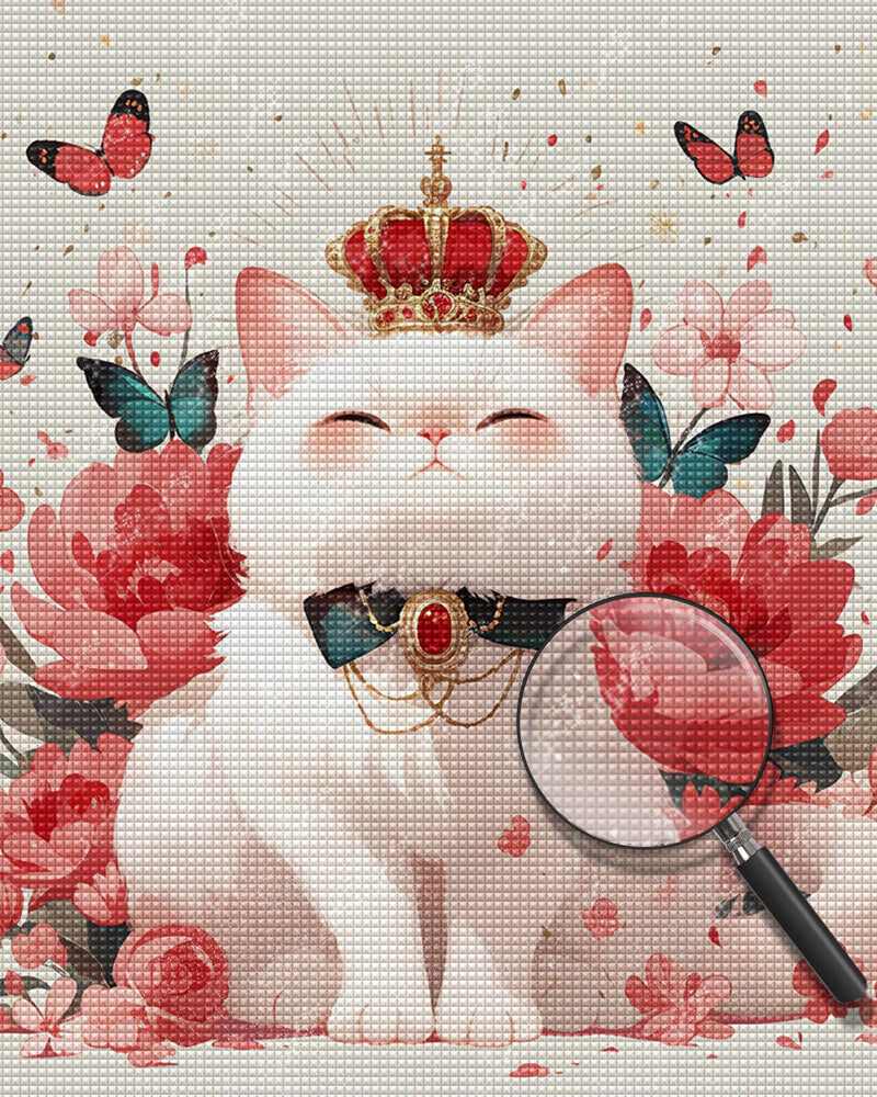 Weiße Katze, Blumen und Schmetterlinge Diamond Painting